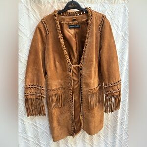 Pamela McCoy Brown Suede Fringe Jacket Braided Trim. Bohemian style festival.